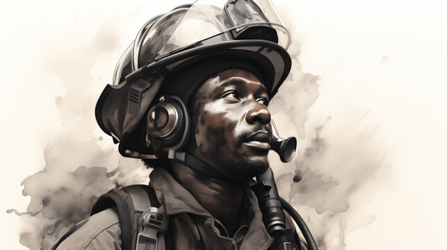 A firefighter, in full firefighting gear, enveloped in thick smoke, ready to fight the flames