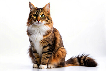 A beautiful, fluffy cat with big green eyes sits looking at the camera, its tail extending to the right. It is captured on a white background.
