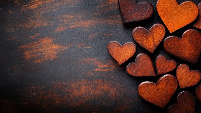Wooden hearts spread across tabletop creative chaos rustic background close-up view love concept