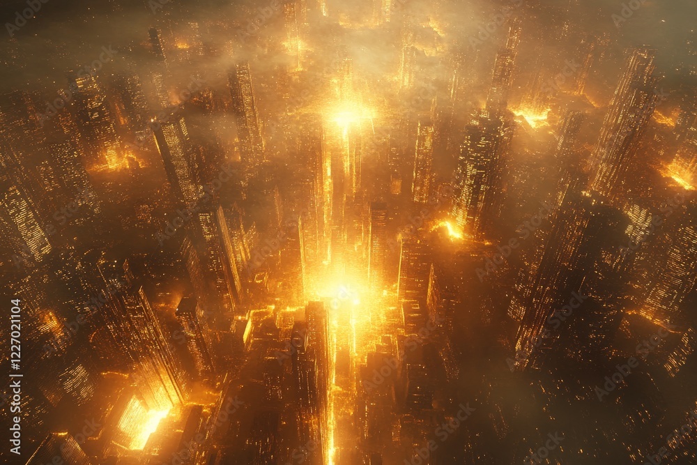 Aufkleber city skyline engulfed in flames with towering structures illuminated by fiery glow after a catastrop