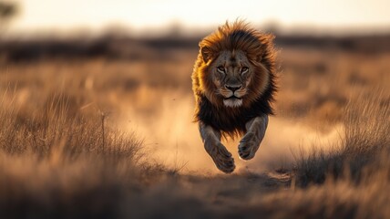 Majestic lion running in the wild african savannah high-resolution jpg footage natural environment close-up view