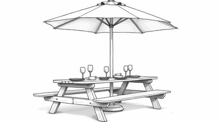 Obraz premium Detailed Line Art Illustration of Picnic Table and Umbrella