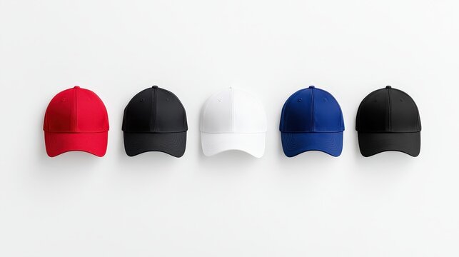 Set of four blank baseball caps in different colors displayed on a white background for custom designs
