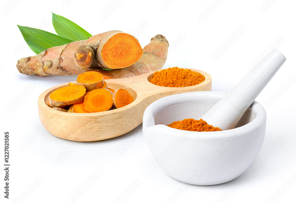 Poster Turmeric root and powder isolated on white background