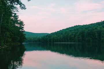 Sunrise Over Lake Gradient: A serene lake with a sky transitioning from pale pink at the horizon to deep blue at the top.