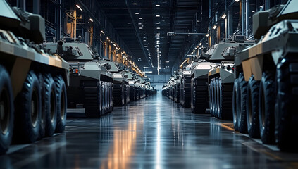 Row of military armored vehicles lined up in a factory setting with industrial lighting and polished floors.
