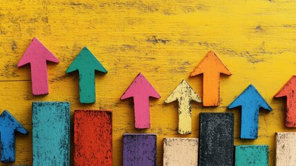 Colorful wooden arrows rising abstract concept creative environment playful perspective growth visualization