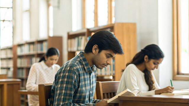 Studying in a Library India – Indian student reading and preparing for exams in a quiet library environment.
