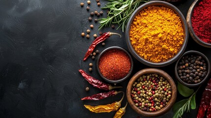 Fototapeta premium Rustic bowls filled with colorful spices and herbs