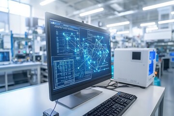 Advanced computer workstation displaying complex data analytics in a high-tech laboratory environment
