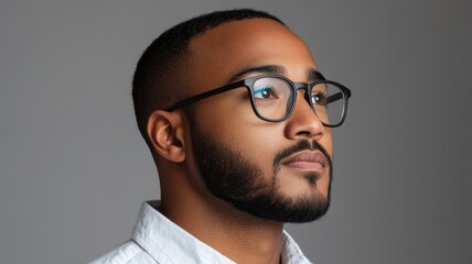 Fototapeta premium Contemplative man in glasses studio setting portrait photography soft lighting side profile view thoughtfulness