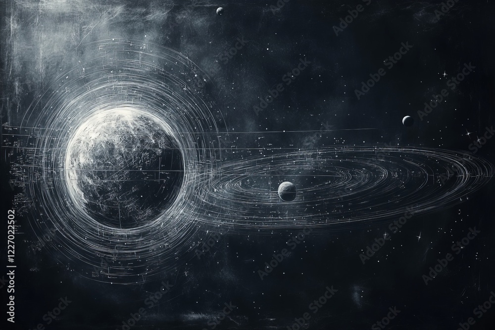 Poster Cosmic arrangement of celestial bodies with intricate rings and orbit paths in a starry background
