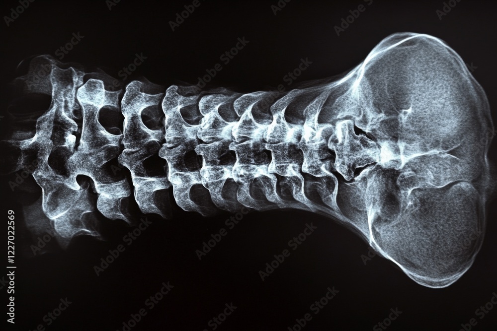Poster Detailed view of a human spine showing vertebrae and curvature in a medical X-ray image taken in a clinical setting