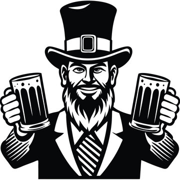 leprechaun holding beer mugs black and white clip art preview