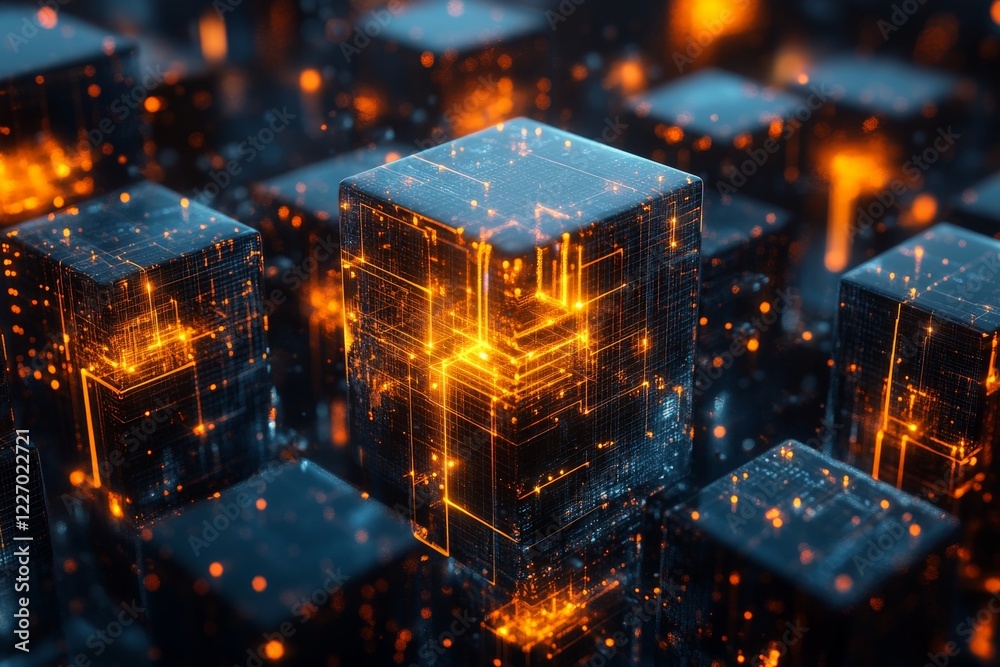Aufkleber Digital network of glowing cubes representing advanced technology and interconnected data flow in a futuristic landscape