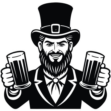 leprechaun holding beer mugs, black and white clip art preview