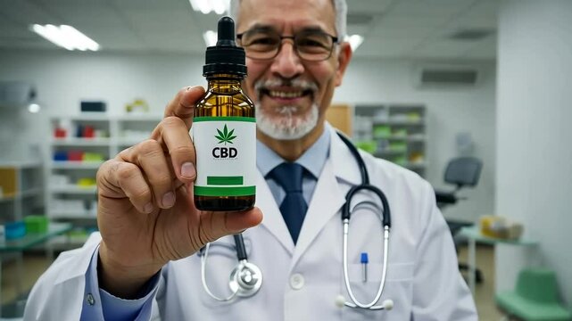 Hispanic doctor and cbd oil bottle with medicine, health care and pharmacy, cannabis and treatment. Medical professional, alternative and therapy with hemp, prescription and wellness concept