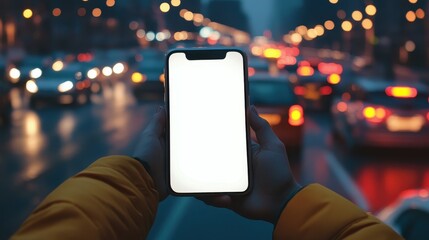 Closeup of hand holding smartphone with white mockup on screen,black mobile phone in hands with blank desktop screen while car driving,Mockup image,Copyspace for text.