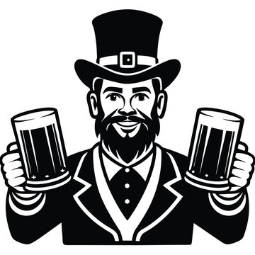 leprechaun holding beer mugs black and white clip art preview