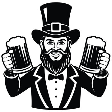 leprechaun holding beer mugs black and white clip art preview