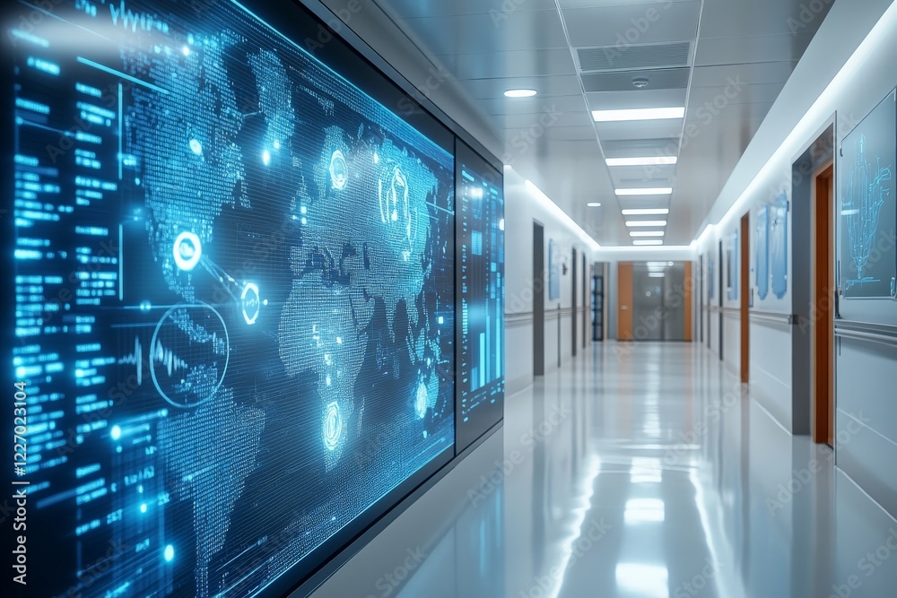 Fototapete modern hallway featuring digital displays of a world map and data analytics in a technology-focused 