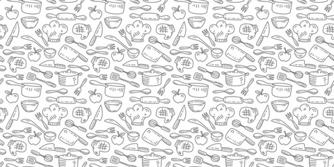 Kitchen utensils seamless pattern background. kitchen set seamless pattern background. hand drawn doodle of kitchen set pattern background. Doodle illustrations of cooking utensils seamless pattern.