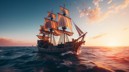 Obraz premium Majestic sailing ship navigates the open seas during a vibrant sunset. Generative AI