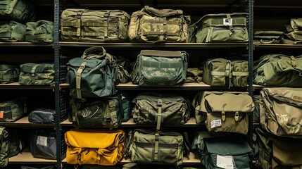 Military Backpacks in Storage: Stacks of military backpacks stored neatly on shelves. picture