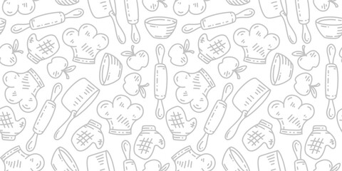 Kitchen utensils seamless pattern background. kitchen set seamless pattern background. hand drawn doodle of kitchen set pattern background. Doodle illustrations of cooking utensils seamless pattern.