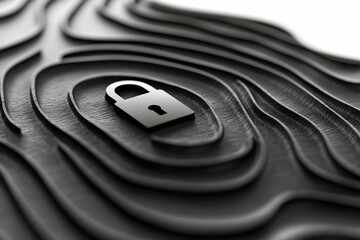 A stylized black surface features a metallic padlock, symbolizing security and protection amidst flowing textures.