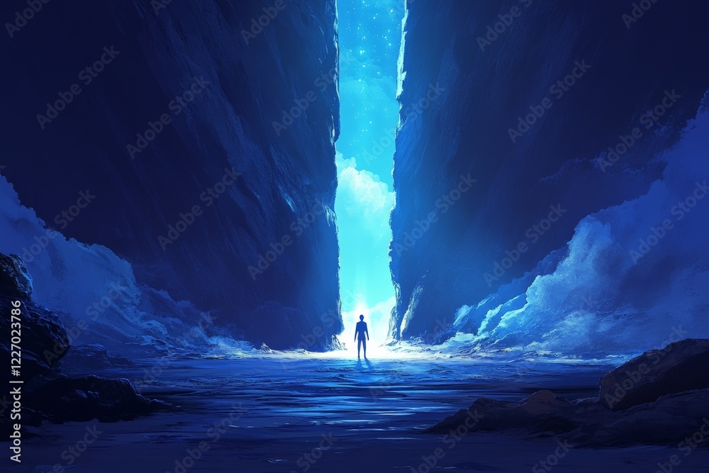 Poster journey through a mystical chasm with glowing light at the end under a blue sky