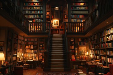 Cozy library interior featuring wooden shelves filled with books and a warm staircase illuminated by soft lighting