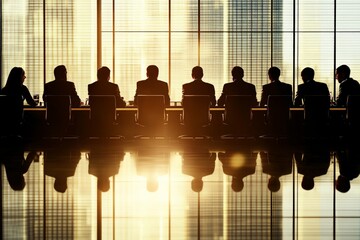 Fototapeta na wymiar Business leaders strategize in a high-rise boardroom during sunset overlooking the city skyline