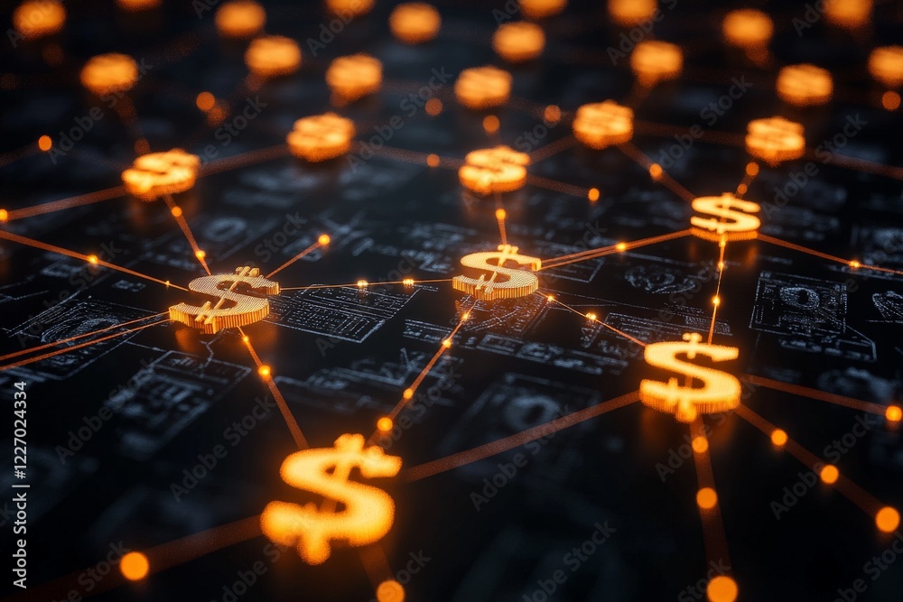 Poster digital network featuring glowing dollar signs connected by lines on a dark background at night