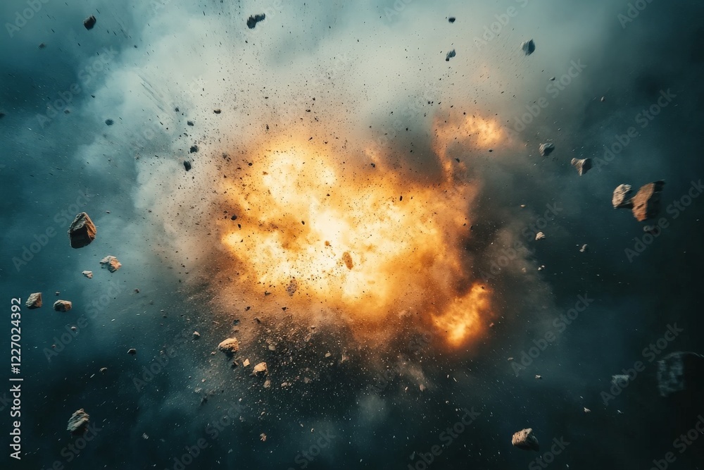 Poster explosion in a dramatic cloud of smoke and debris occurring during a military training exercise in a