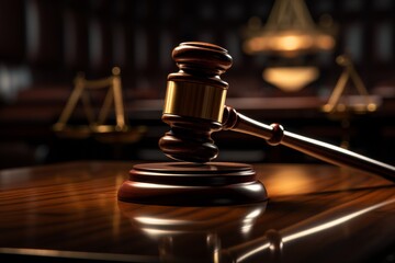 Gavel resting on a polished table in an elegant courtroom setting. Generative AI