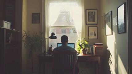 Fototapeta premium man working from home at desk near window