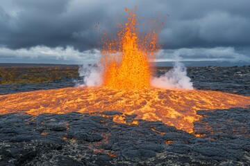 Fototapeta premium Majestic lava eruption at a volcano during a dramatic cloudy day in the wild landscape
