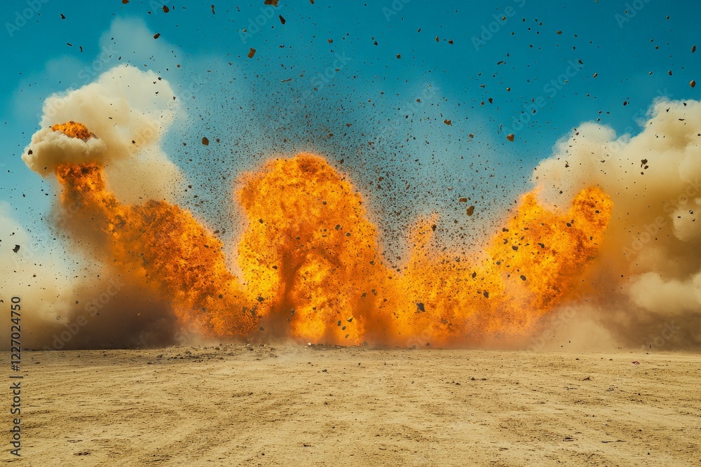 Poster Massive explosion occurs in a desert landscape during daylight, creating a large fireball and billowing clouds of dust