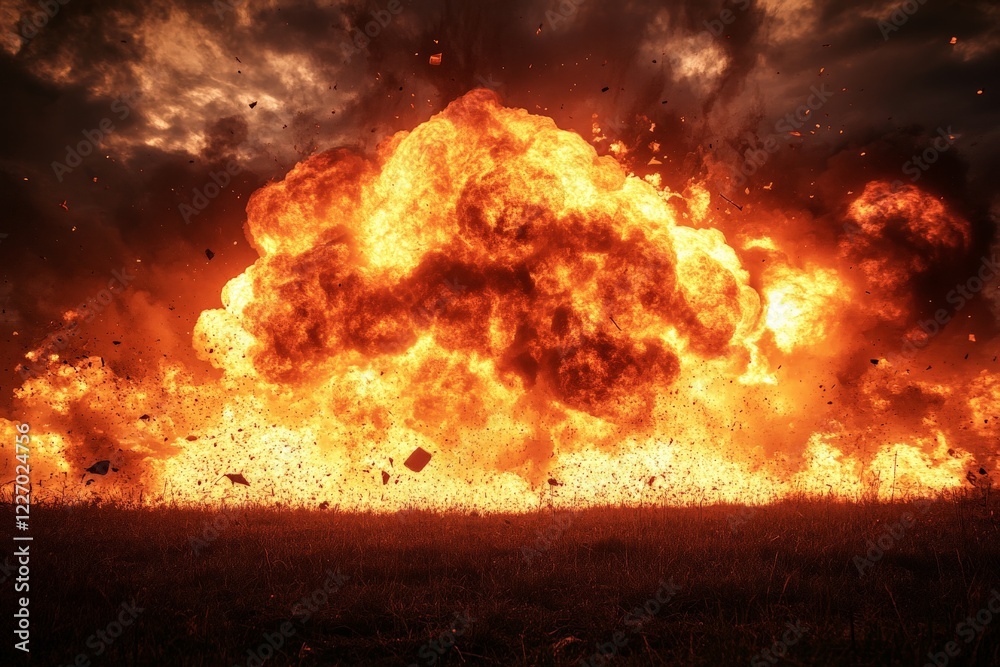 Poster massive explosion fills the sky with flames and smoke during a nighttime event in an open field