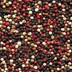 Tileable colorful peppercorn mix texture, seamless vibrant seasoning background with red, black, white, and green peppercorns for culinary and design projects.