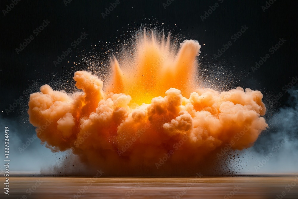 Poster explosion creates large orange cloud against a dark background during a controlled demonstration