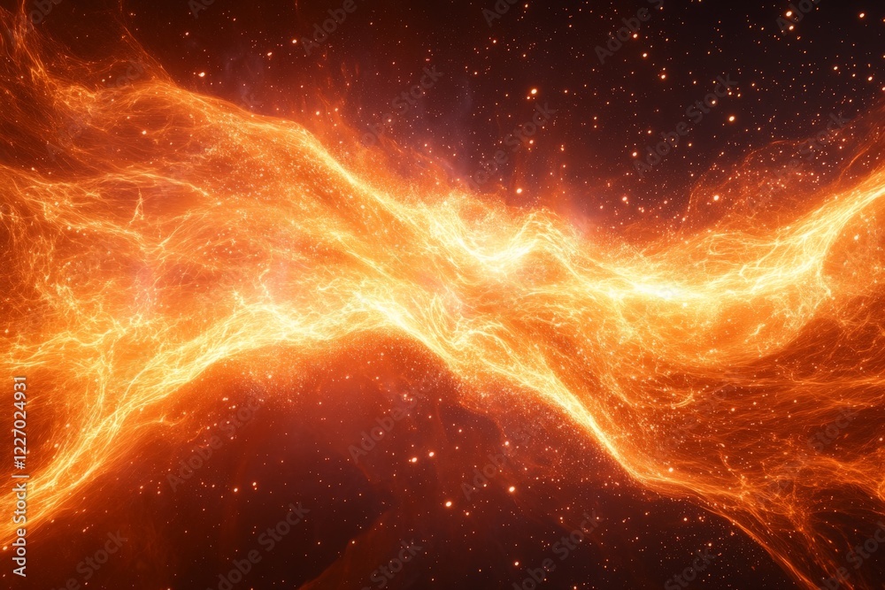 Poster bright orange fire-like cosmic waves swirl through a dark starry background in a stunning celestial 