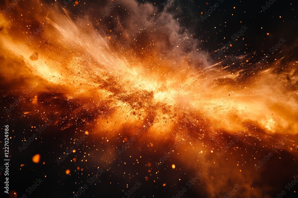 Poster vibrant explosion of colors with fiery sparks and clouds against a dark background showcasing a dyna