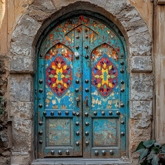Colorful mosaic door in stone wall, historic building entrance