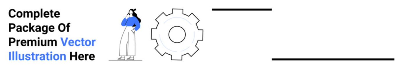 Woman standing with folded arms beside a gear element and horizontal lines, suggesting teamwork, creativity, and productivity. Ideal for technology, strategy, collaboration, innovation, process