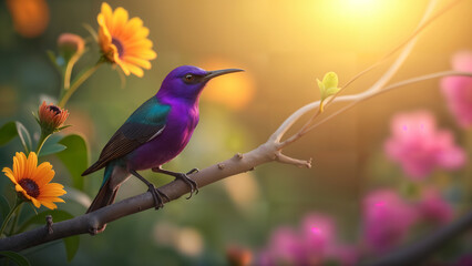 Purple Sunbird Among Vibrant Flowers