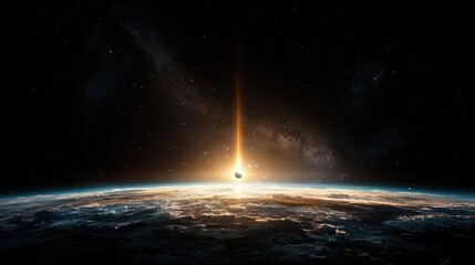 Earthrise Sunbeam piercing atmosphere, cosmic view. Science fiction concept art