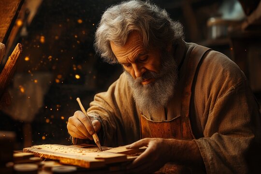 Elderly carpenter carving wood in workshop - Powered by Adobe