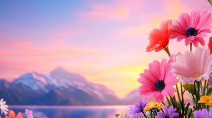 Pink And Orange Flowers At Sunset With Mountain Lake Background